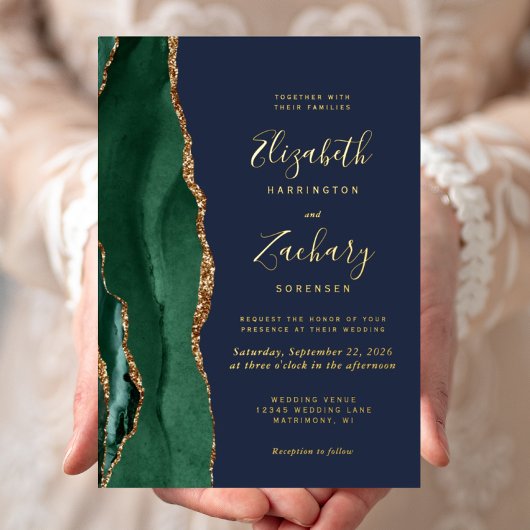 Emerald Green Gold Agate Navy Blue Wedding Folieneinladung