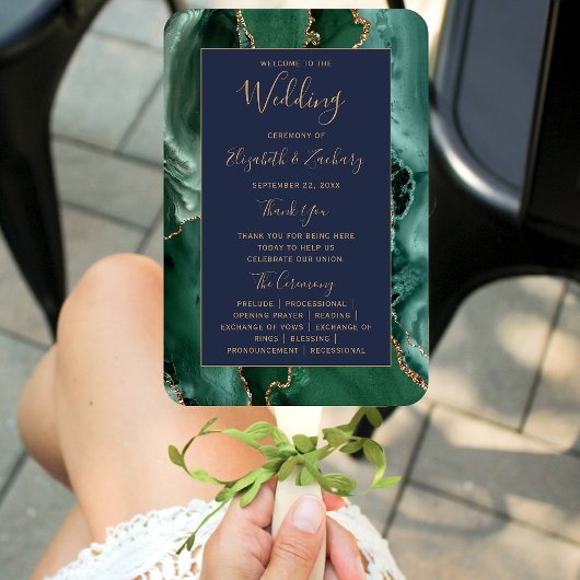 Emerald Green Gold Agate Navy Blue Wedding Program Fächer