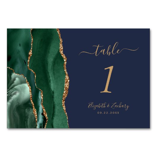 Emerald Green Gold Agate Navy Blue Wedding Tischnummer (Vorderseite)
