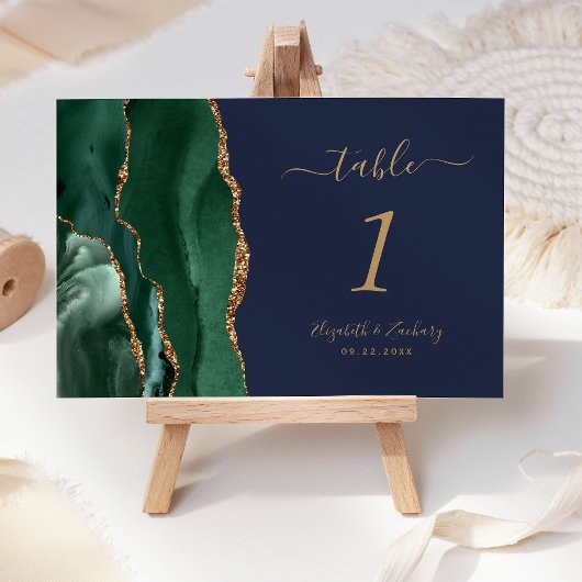 Emerald Green Gold Agate Navy Blue Wedding Tischnummer
