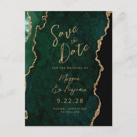 Emerald Green Gold Agate QR-Code Save the Date Ankündigungspostkarte (Vorderseite)