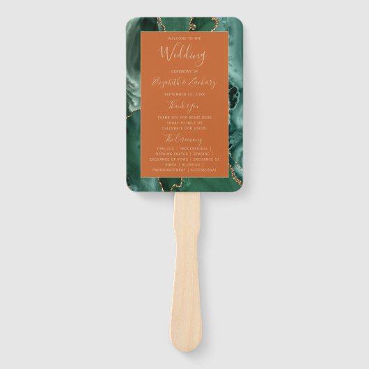 Emerald Green Gold Agate Rust Wedding Program Fächer (Vorderseite)