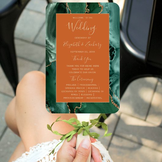 Emerald Green Gold Agate Rust Wedding Program Fächer