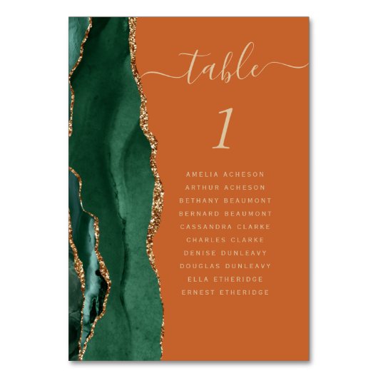 Emerald Green Gold Agate Rust Wedding Tischnummer (Vorderseite)