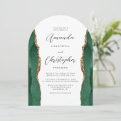Emerald Green Gold Agate Script Arch Wedding Einladung (Stehend Vorderseite)