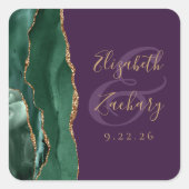 Emerald Green Gold Agate Script Lila Hochzeit Quadratischer Aufkleber (Vorderseite)