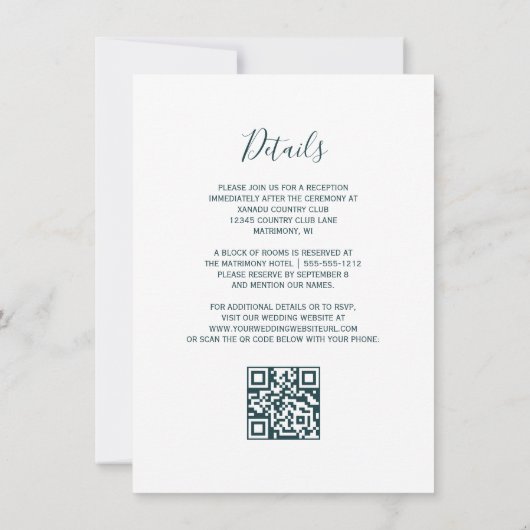 Emerald Green Gold Agate Script QR Code Hochzeit Einladung (Rückseite)