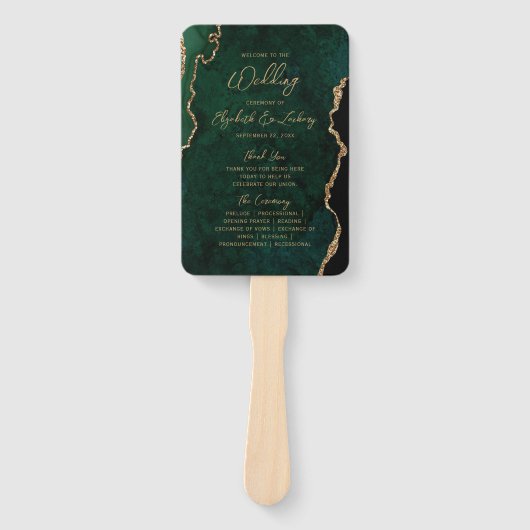 Emerald Green Gold Agate Script Wedding Program Fächer (Vorderseite)