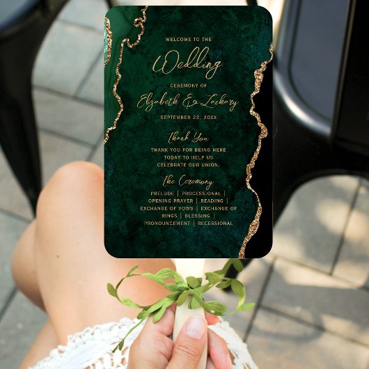 Emerald Green Gold Agate Script Wedding Program Fächer