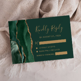 Emerald Green Gold Agate Wedding RSVP Karte