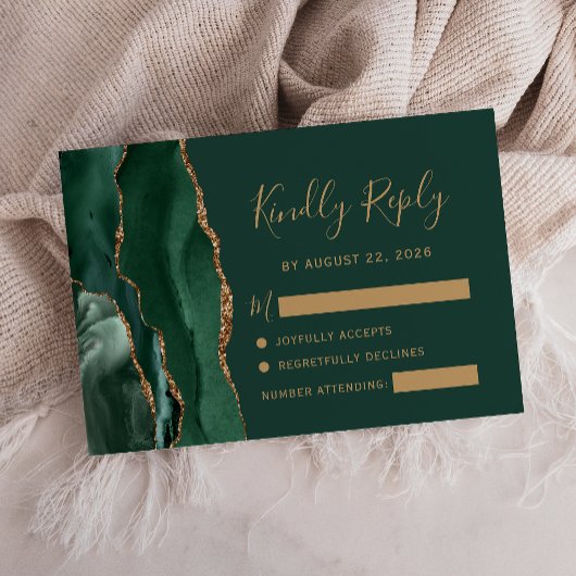 Emerald Green Gold Agate Wedding RSVP Karte