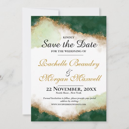 Emerald Green & Gold Agate Wedding Save the Date (Vorderseite)