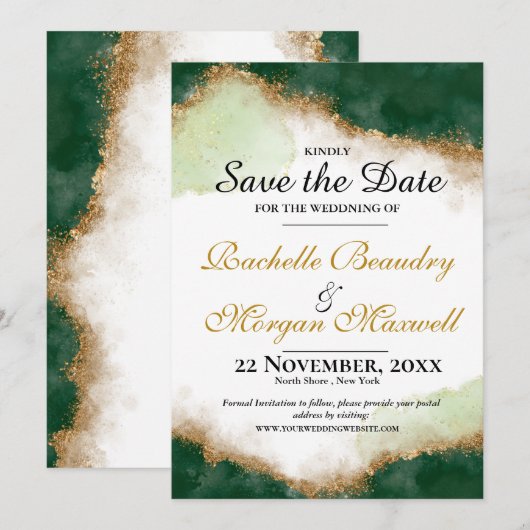 Emerald Green & Gold Agate Wedding Save the Date (Vorne/Hinten)