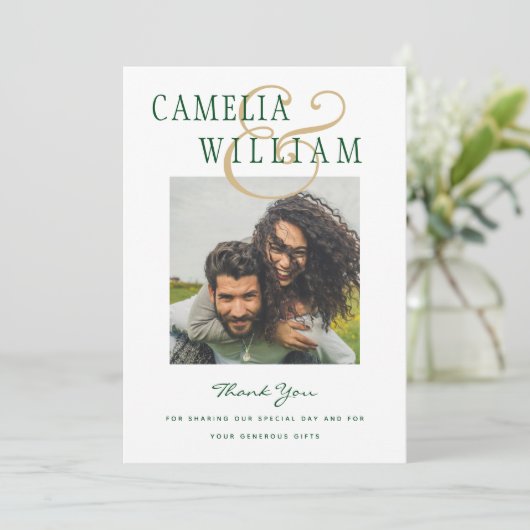 Emerald Green Gold Ampersand Wedding FOTO Einladung (Stehend Vorderseite)