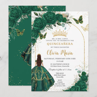 Emerald Green Gold Arch Butterfets Quinceañera Einladung