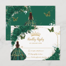 Emerald Green Gold Arch Butterfets Quinceañera RSVP Karte