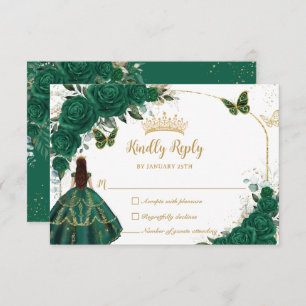 Emerald Green Gold Arch Butterfets Quinceañera RSVP Karte