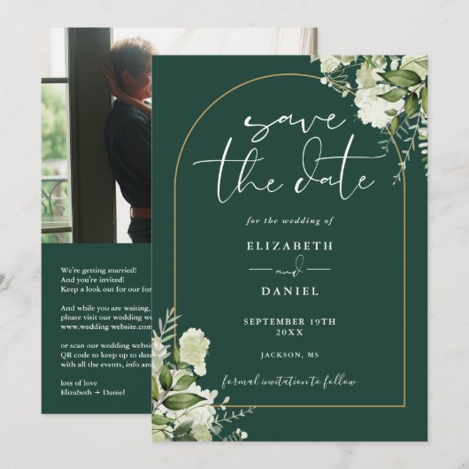 Emerald Green Gold Arch Foto QR Code Hochzeit Save The Date (Vorne/Hinten)
