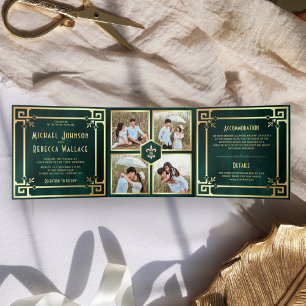 Emerald Green Gold Art Deco Foto Collage Wedding Dreifach Gefaltete Einladung