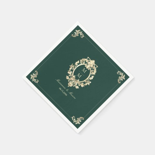 Emerald Green Gold Baroque Monogram Wedding Serviette (Ecke)