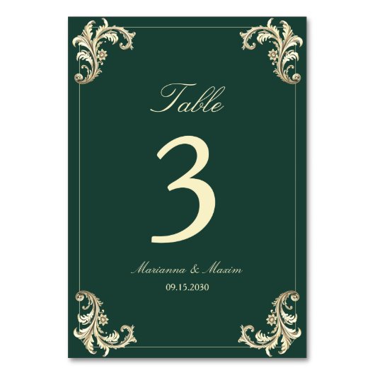 Emerald Green Gold Baroque Wedding Tischnummer (Rückseite)