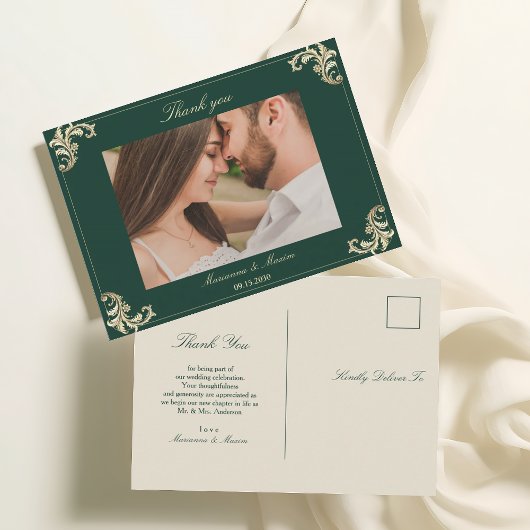 Emerald Green Gold Baroque Wedding Vielen Dank Postkarte