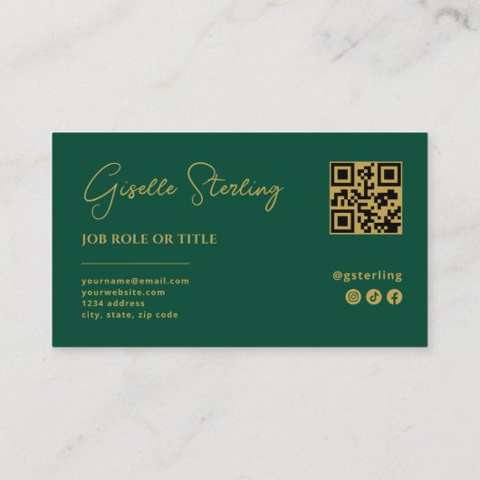 Emerald Green Gold Beruflicher Script QR-Code Visitenkarte (Rückseite)