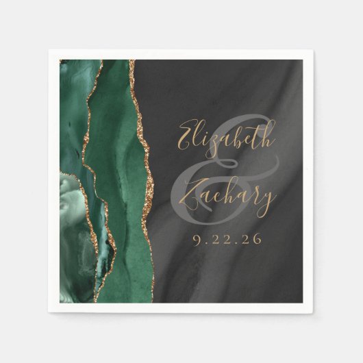 Emerald Green Gold Black Agate Script Hochzeit Serviette (Vorderseite)