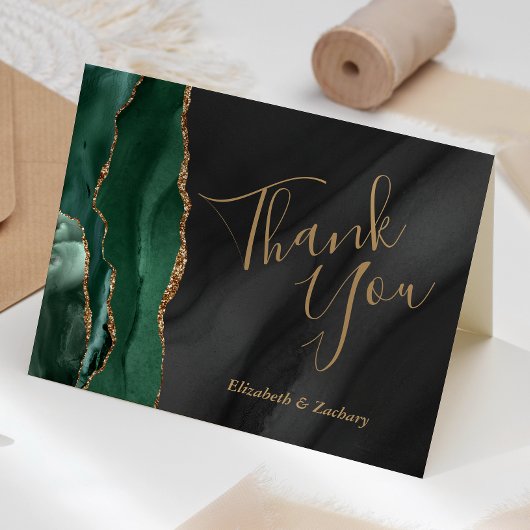 Emerald Green Gold Black Agate Wedding Vielen Dank Karte