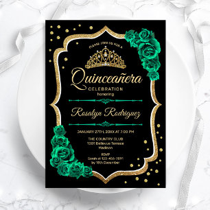 Emerald Green Gold Black Elegante Quinceanera Einladung