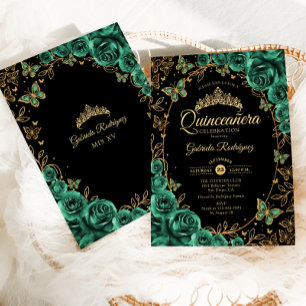Emerald Green Gold Black Quinceanera Einladung