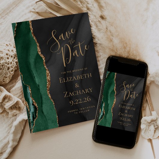Emerald Green Gold Black Watercolor Agate Save The Date