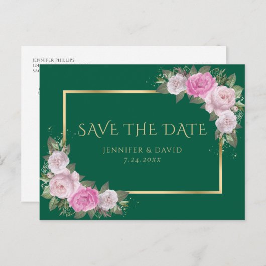 Emerald Green Gold Blink Pink Floral Save the Date Ankündigungspostkarte (Vorne/Hinten)
