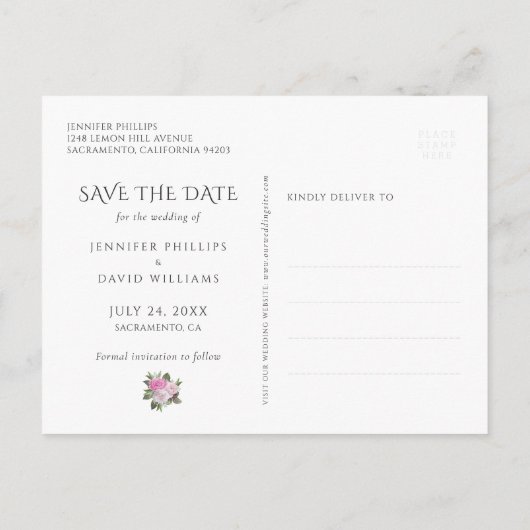 Emerald Green Gold Blink Pink Floral Save the Date Ankündigungspostkarte (Rückseite)