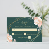 Emerald Green Gold Blush Peach Floral Wedding RSVP (Stehend Vorderseite)