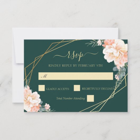 Emerald Green Gold Blush Peach Floral Wedding RSVP Karte (Vorderseite)