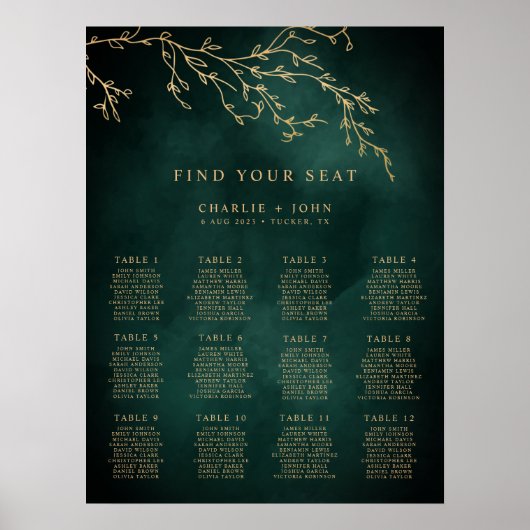 Emerald Green & Gold Botanic Seating Chart Poster (Vorne)