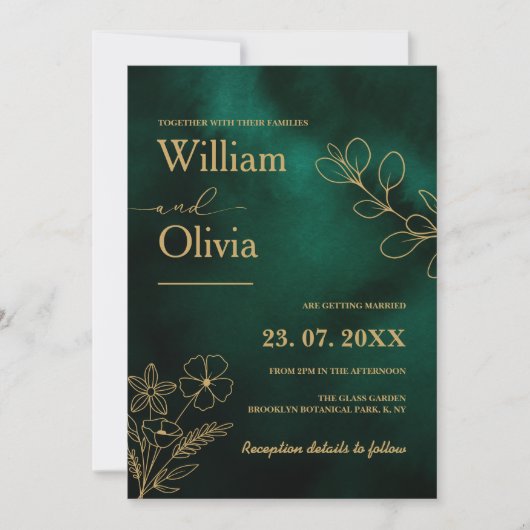 Emerald Green & Gold Botanical Photo Wedding Einladung (Vorderseite)
