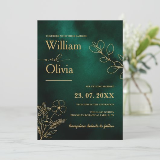 Emerald Green & Gold Botanical Photo Wedding Einladung (Stehend Vorderseite)
