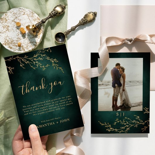 Emerald Green & Gold Botanical Wedding Foto Dankeskarte
