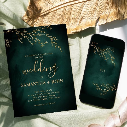 Emerald Green & Gold Botanische Hochzeit Einladung