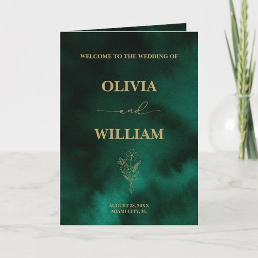 Emerald Green & Gold Botanische Hochzeit Programm (Vorderseite)