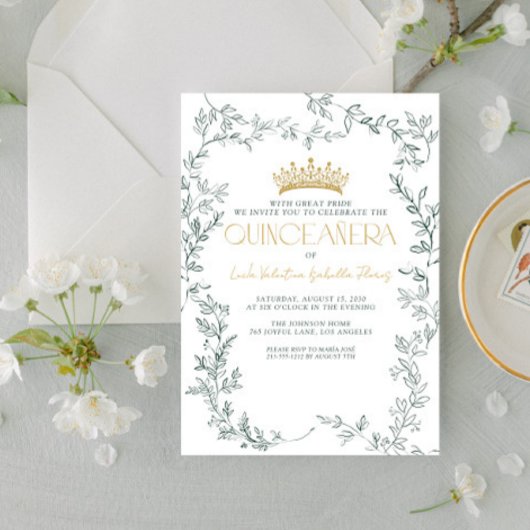 Emerald Green Gold Botanischer Blumenquinceñera Einladung