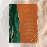 Emerald Green Gold Burnt Orange Wedding Menükarte<br><div class="desc">Am linken Rand dieses eleganten,  modernen Hochzeitsmenüs befindet sich ein smaragdgrüner Aquarellrahmen mit faux goldfarbenem Glitter. Der anpassbare Text kombiniert goldfarbene Schriftzeichen mit handgeschriebenen Schriften und Copperplate-Schriften auf einem verbrannten orangen Hintergrund. Die Rückseite ist mit einem smaragdgrünen und goldgelben Dekor ausgestattet.</div>