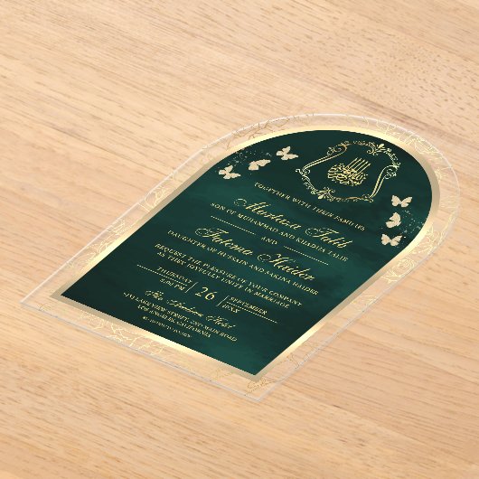 Emerald Green Gold Butterfly Arch Moslemhochzeit Acryleinladungen (Ablage )