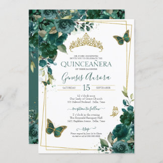 Emerald Green & Gold Butterfly Floral Quinceanera Einladung