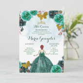 Emerald Green & Gold Butterfly Mis Quince 2 Einladung (Stehend Vorderseite)