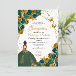 Emerald Green Gold Butterfly Princess Quinceanera Einladung