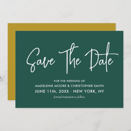 Emerald Green & Gold Calligraphy QR-Code Save The Date (Vorne/Hinten)