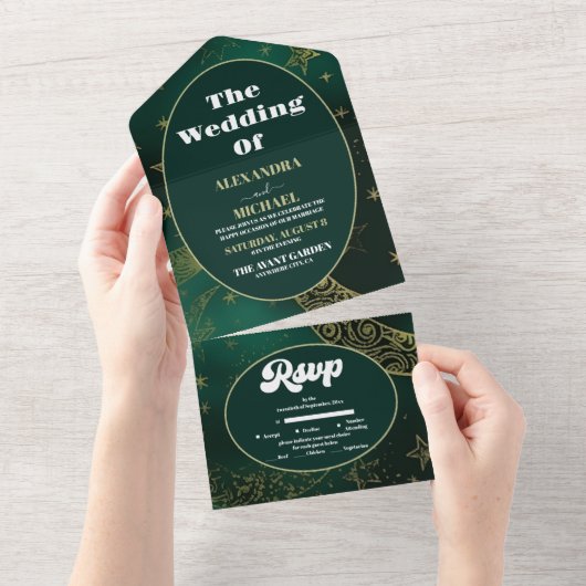 Emerald Green Gold Celestial Wedding All In One Einladung (Abreißen)